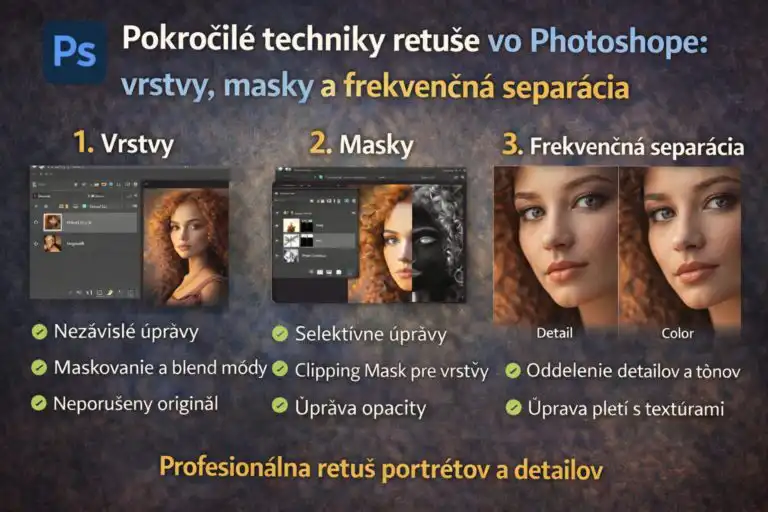 Profesionálna grafika pokročilej retuše vo Photoshope, zobrazujúca vrstvy, masky, frekvenčnú separáciu a pred/po úprave portrétu modela, realistické a detailné UI.