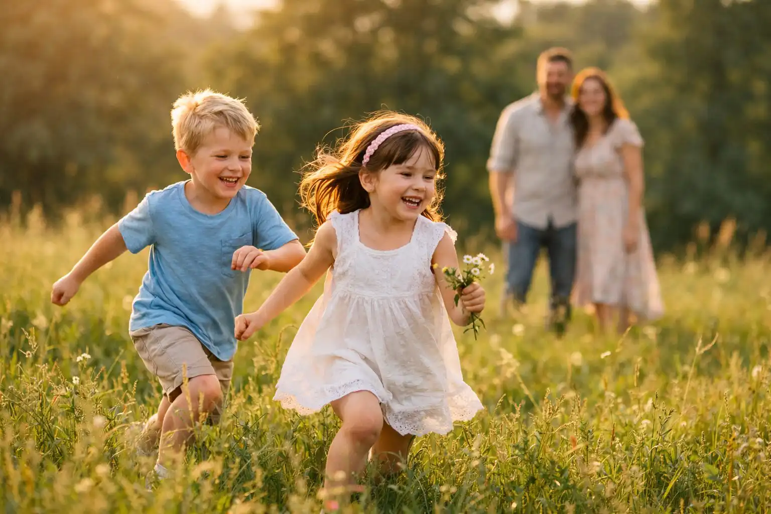 Dve deti sa hrajú na lúke, rodičia ich sledujú z diaľky, prirodzené svetlo zvýrazňuje smiech a pohyb