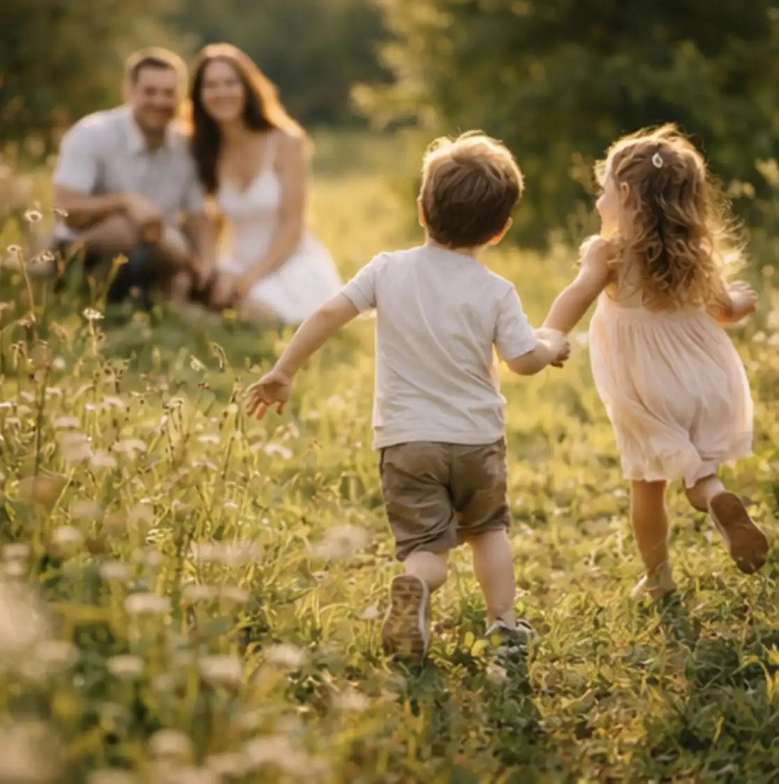 Dve deti behajú po lúke