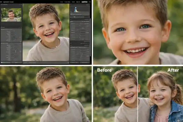 Screenshot Lightroom Classic ukazujúci úpravu portrétu dieťaťa, farebné korekcie a retuš