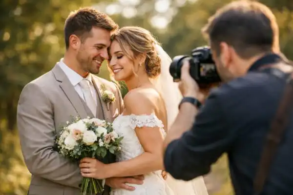 Svadobný pár pózuje pred fotoaparátom v prírodnom svetle, profesionálny fotograf zachytáva emócie a detaily počas svadobného fotenia