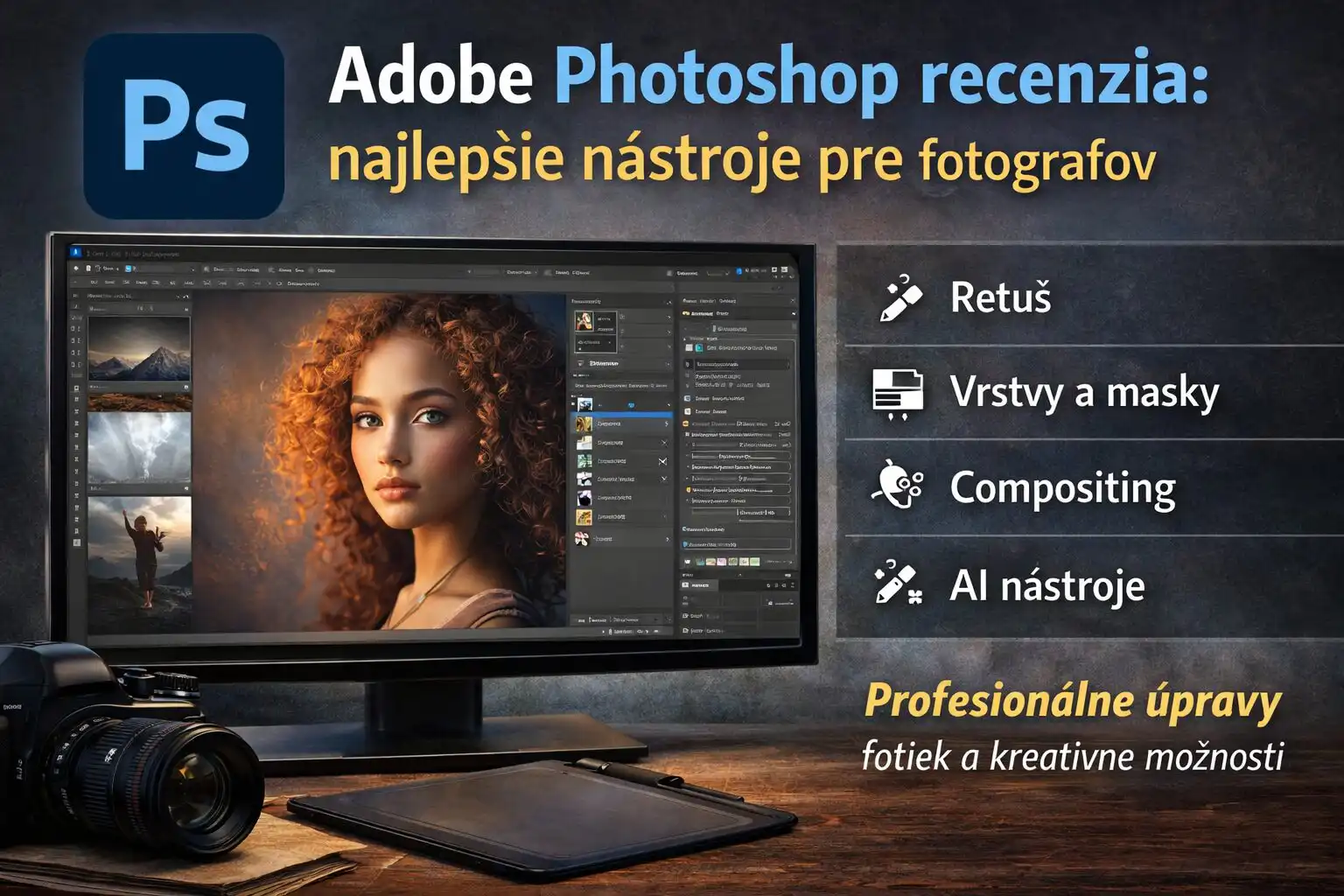 Ilustrácia rozhrania Adobe Photoshop s viditeľnými vrstvami, nástrojmi na maskovanie, panelmi úprav a upravovanou fotografiou, realistický a prehľadný UI štýl.