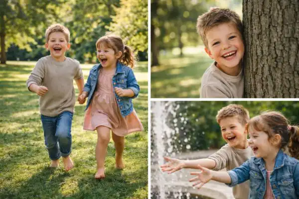 Dve deti behajúce a hrajúce sa v parku, prirodzené svetlo a autentické emócie detí pri fotografovaní vonku