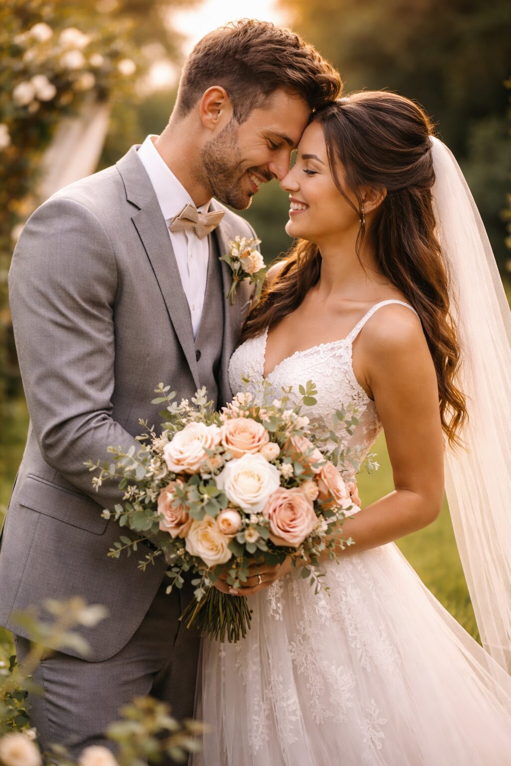 Nevesta a ženích pózujú počas svadobného fotenia, fotograf zachytáva emócie a detaily obradu
