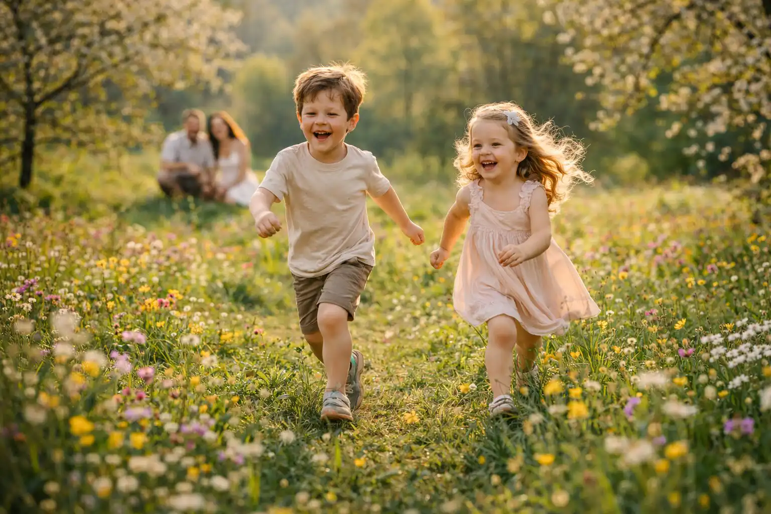 Dve deti sa hrajú a rodičia ich sledujú z pozadia, prirodzené svetlo zvýrazňuje emócie a pohyb