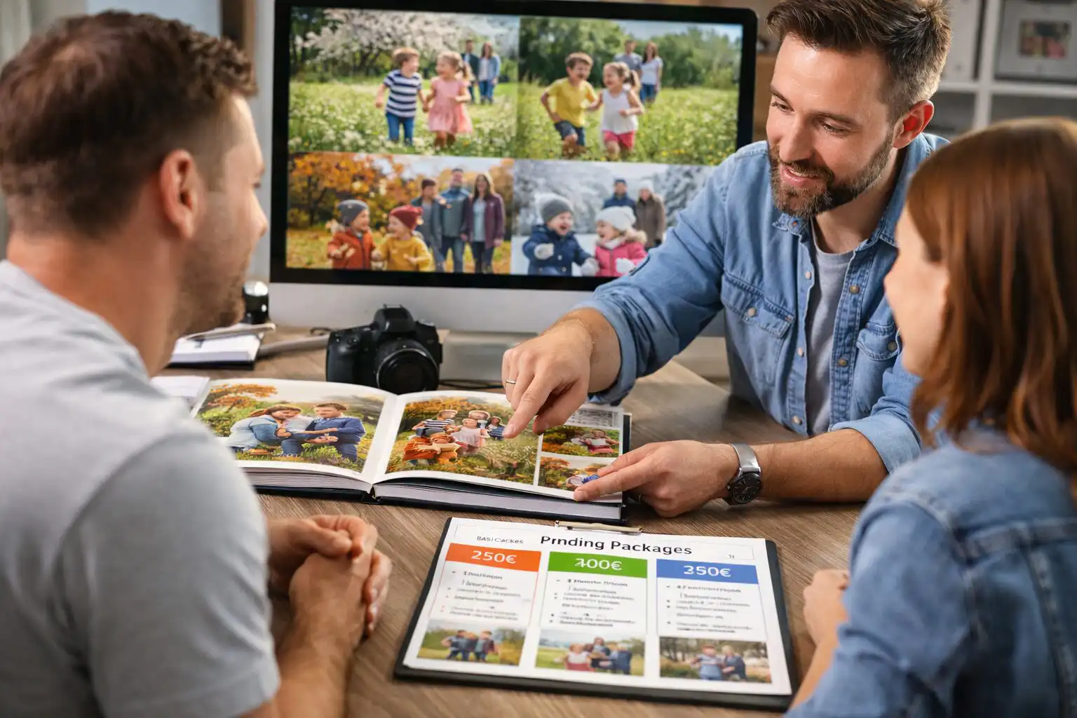 Rodina s deťmi sa hrá a fotí na lúke, prirodzené svetlo zvýrazňuje smiech a pohyb, ideálne pre rodinné portréty