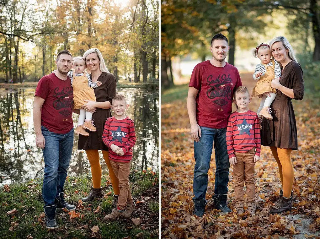 Rodičia pozorujú deti, ktoré sa hrajú v prírode, teplé svetlo a dynamické emócie zachytené pri rodinnom fotení