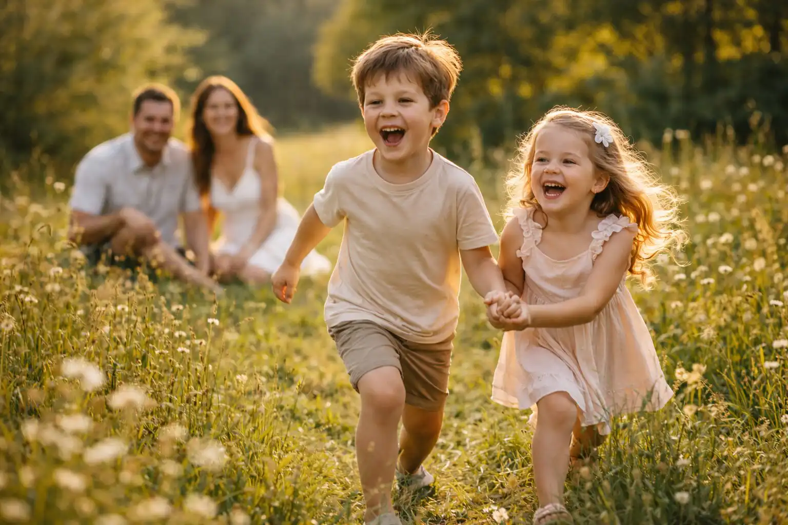 Dve deti sa hrajú na lúke, fotograf zachytáva prirodzené momenty a smiech