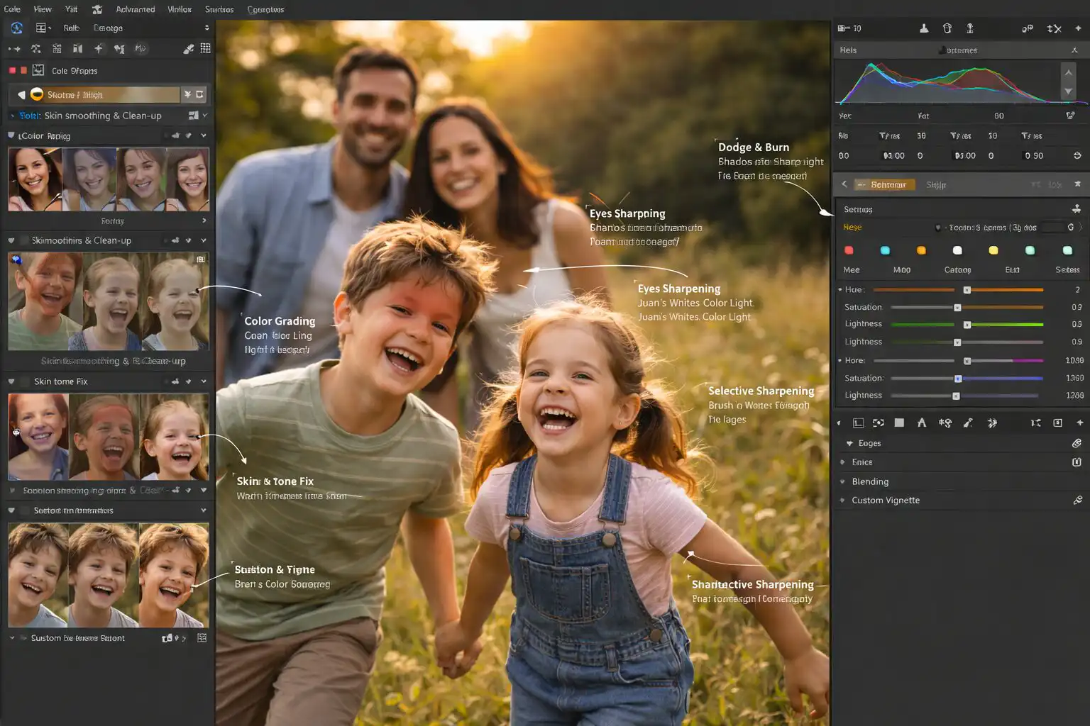 Porovnanie portrétu pred a po retuši pleti v Capture One