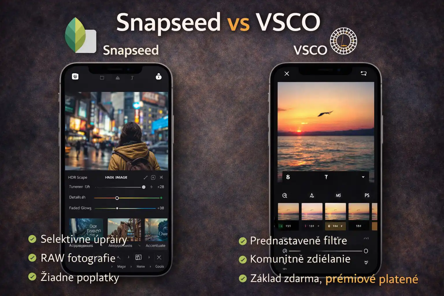 Porovnávacia ilustrácia dvoch smartfónov, jeden so Snapseed a druhý s VSCO otvoreným, zobrazujúca editáciu fotiek, posuvníky pre jas, kontrast, filtre a farebné úpravy, moderné a realistické mobilné UI.