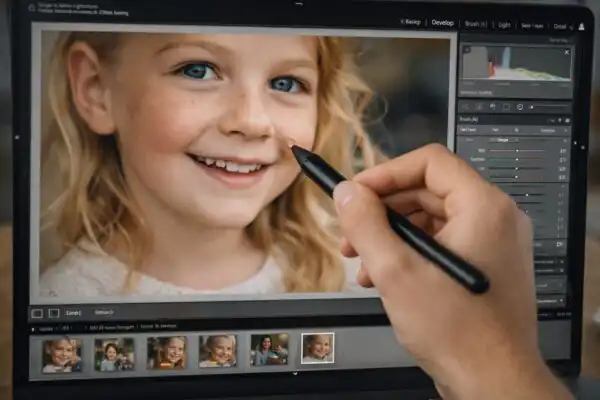 Porovnanie pred a po retuši rodinného a detského portrétu, dôraz na prirodzené tóny pokožky, color grading, detailnú úpravu očí, vlasov a rúk, profesionálny workflow