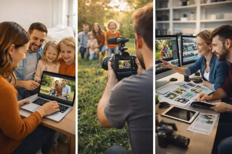 Tím fotografov strihá a analyzuje video obsah, moderné pracovisko, tvorba marketingového plánu, profesionálna atmosféra.
