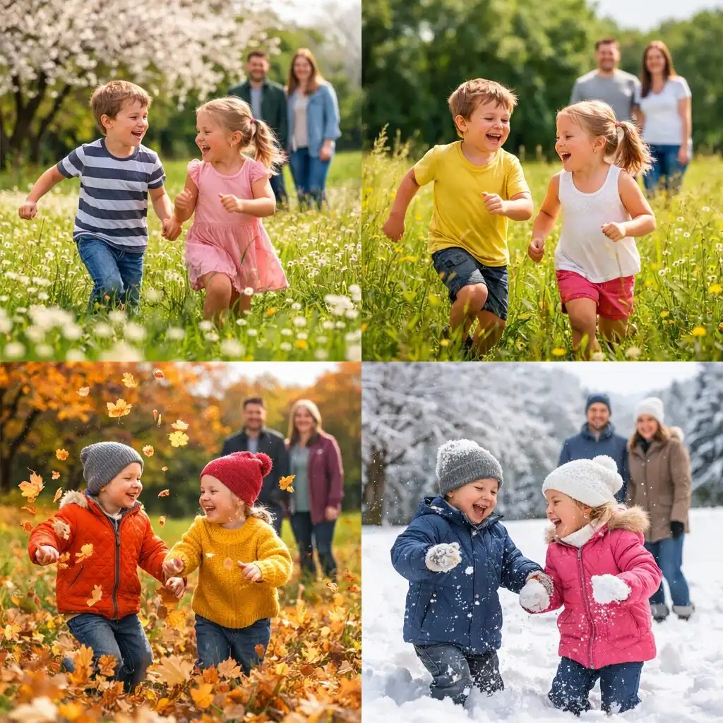 Dve deti sa hrajú na lúke, rodičia ich sledujú z diaľky, svetlo podvečerného slnka zvýrazňuje farby lístia a emócie detí