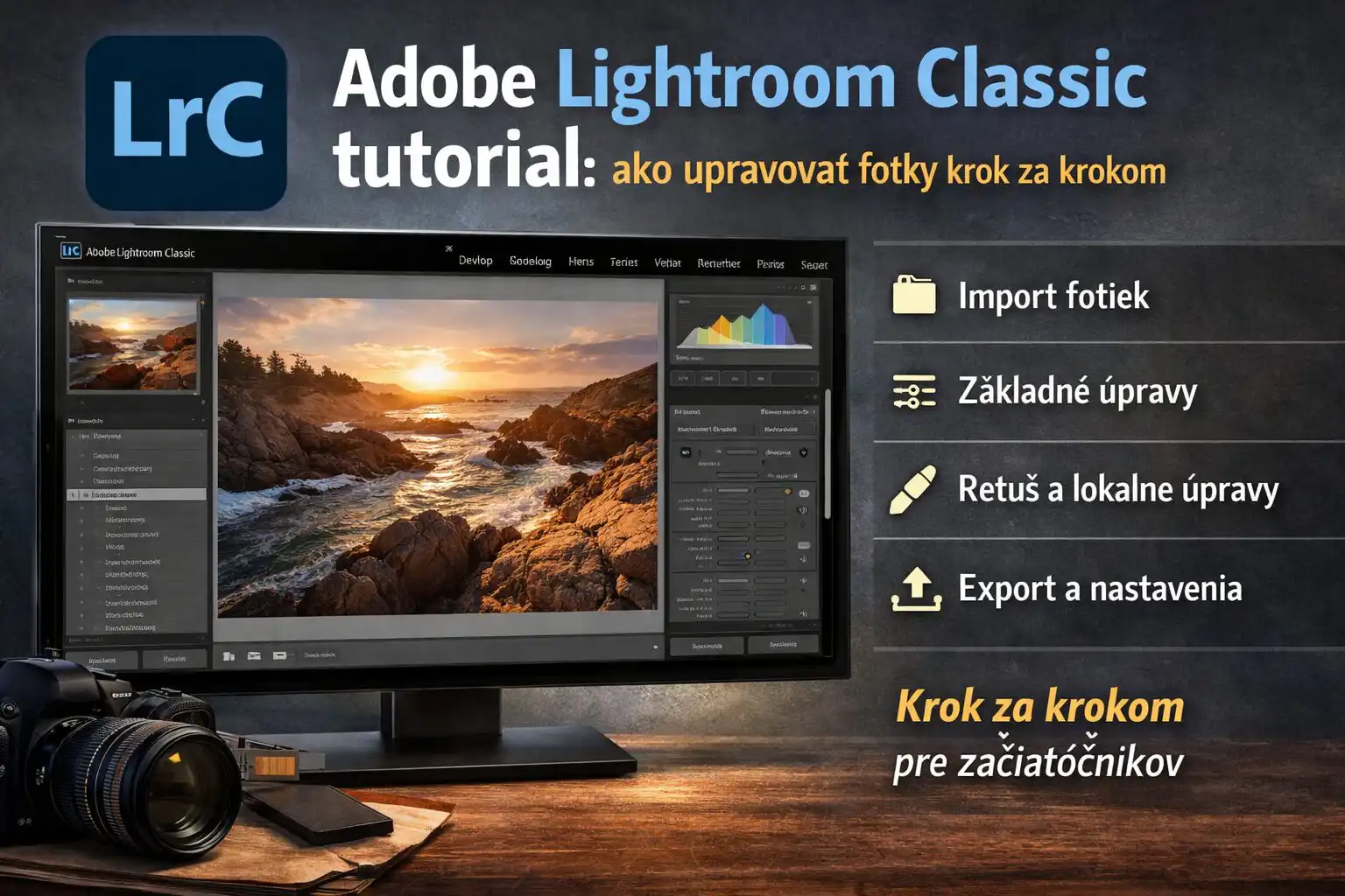Ilustrácia rozhrania Adobe Lightroom Classic s viditeľnými panelmi pre úpravu expozície, kontrastu, farebného tónovania a náhľadom upravovanej fotografie, realistický a prehľadný UI štýl.