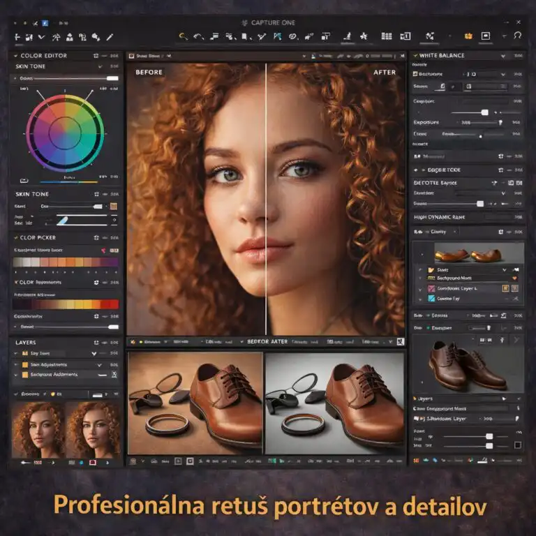 Profesionálna ilustrácia rozhrania Capture One zobrazujúca panely pokročilých farebných korekcií, nástroje pre úpravu tónov pleti pri portrétoch, úpravy produktových fotiek, vrstvy a masky, realistické UI s pred a po porovnaním.