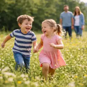 Dve deti sa hrajú na lúke, rodičia sledujú z diaľky, prirodzené svetlo zvýrazňuje pohyb a smiech