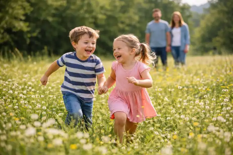 Dve deti sa hrajú na lúke, rodičia sledujú z diaľky, prirodzené svetlo zvýrazňuje pohyb a smiech