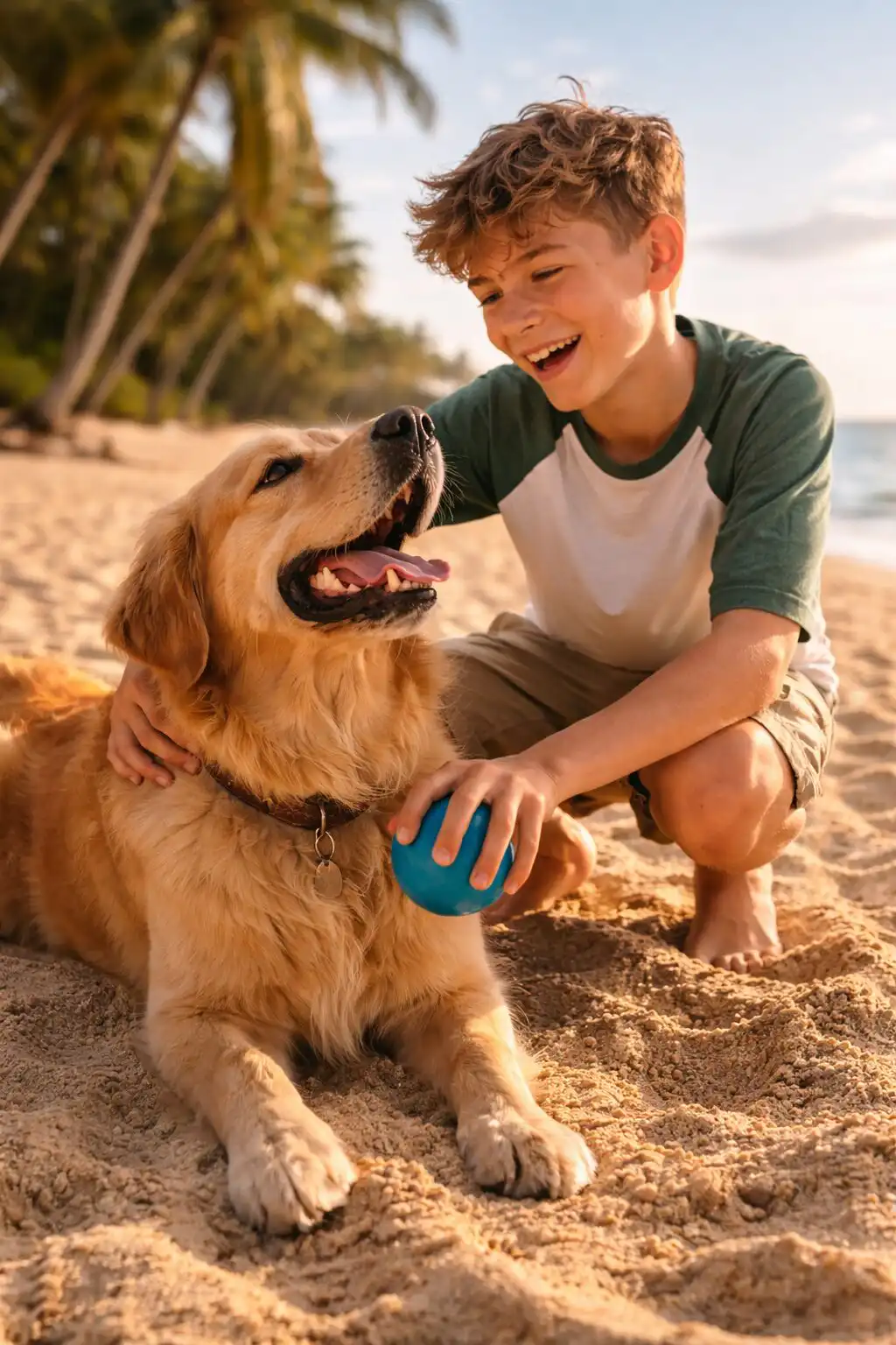 chlapec sa hra so psom na plazi prirodzene svetlo more a palmy