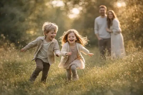 Detské portréty Canon RF 85mm f/1.2, deti sa hrajú a rodičia sledujú, prirodzené svetlo zvýrazňuje smiech