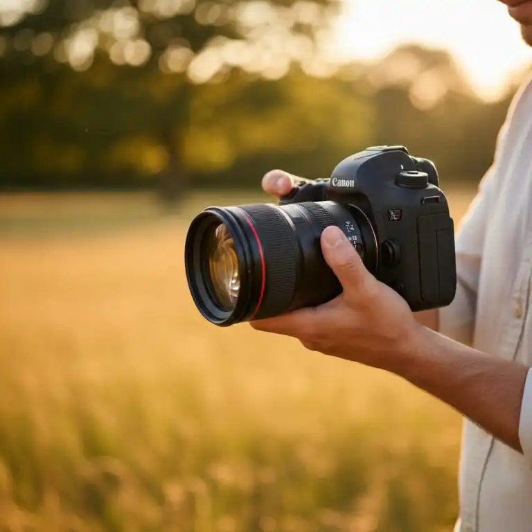 Profesionálny fotograf drží v rukách fotoaparát s portrétnym objektívom 85 mm, v pozadí jemné bokeh svetlá, prirodzené svetlo, detailný záber na objektív.