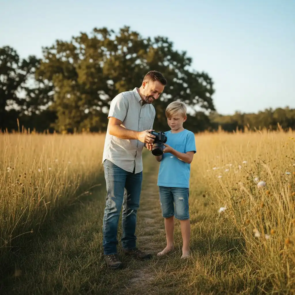 Fotograf vysvetľuje nastavenia fotoaparátu začiatočníkovi počas západu slnka