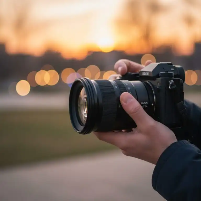 Profesionálny fotograf drží v rukách fotoaparát s portrétnym objektívom 85 mm, v pozadí jemné bokeh svetlá, prirodzené svetlo, detailný záber na objektív.