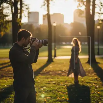 Profesionálny fotograf drží v rukách fotoaparát s portrétnym objektívom 85 mm, v pozadí jemné bokeh svetlá, prirodzené svetlo, detailný záber na objektív.