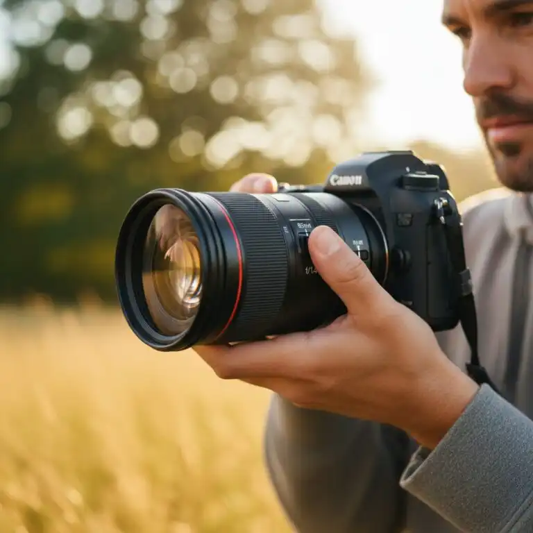 Profesionálny fotograf drží v rukách fotoaparát s portrétnym objektívom 85 mm, v pozadí jemné bokeh svetlá, prirodzené svetlo, detailný záber na objektív.