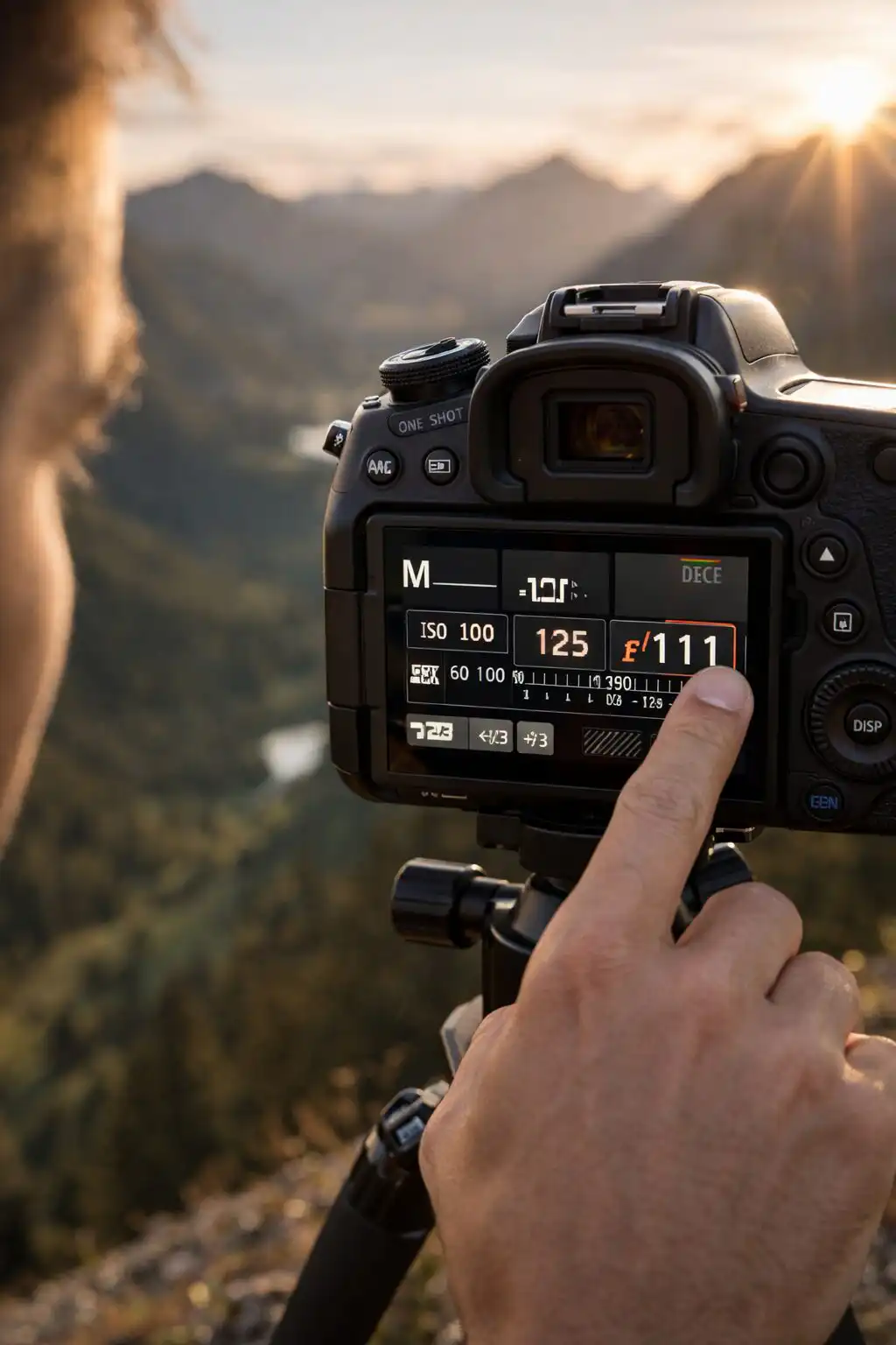 Fotograf kontroluje nastavenie clony na displeji fotoaparátu počas fotografovania