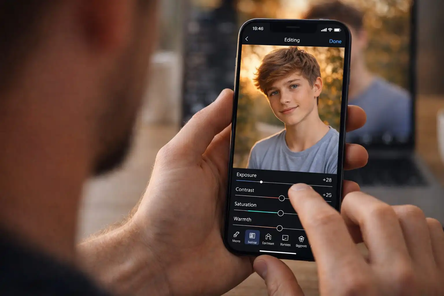 fotograf upravuje portrét fotografovaný mobilom v aplikácii na úpravu fotografií