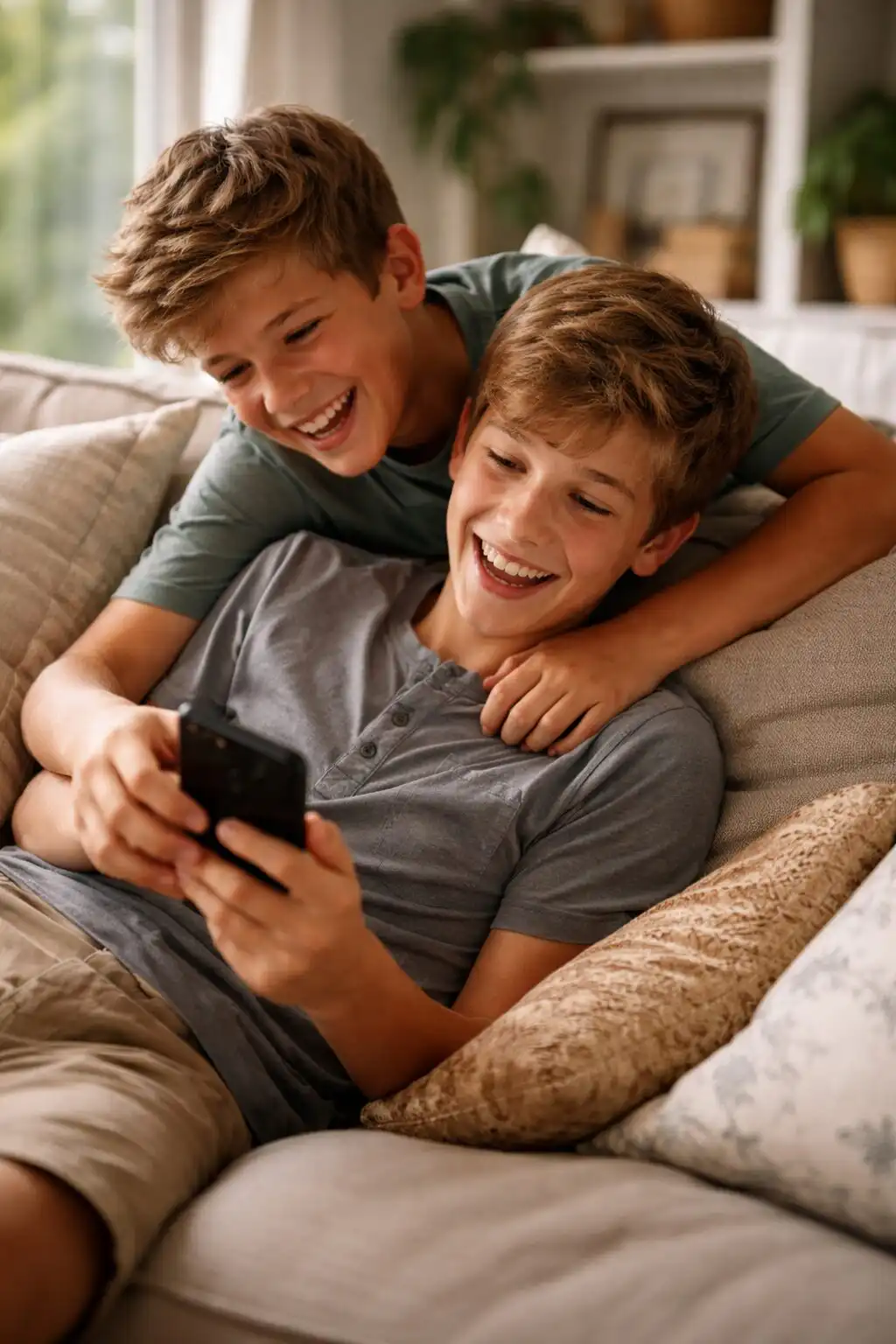 súrodenci pri okne v mäkkom bočnom svetle počas prirodzeného fotenia