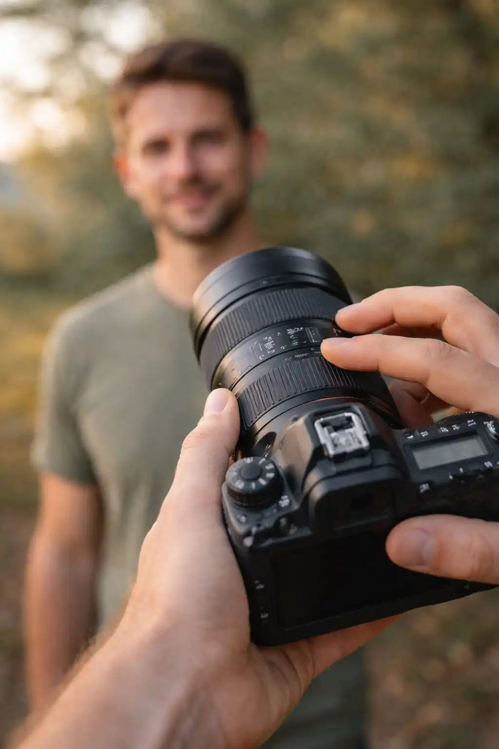 Fotograf drží fotoaparát a nastavuje clonu objektívu pri portrétnom fotografovaní v prirodzenom svetle