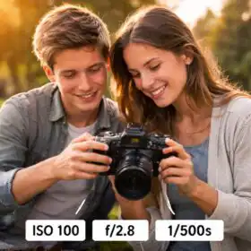 Začiatočníci kontrolujú nastavenie fotoaparátu ISO, clony a času na displeji digitálneho fotoaparátu v parku.