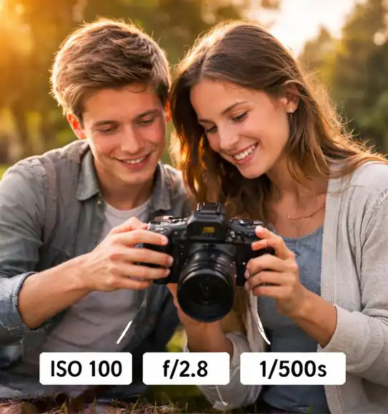 Začiatočníci kontrolujú nastavenie fotoaparátu ISO, clony a času na displeji digitálneho fotoaparátu v parku.