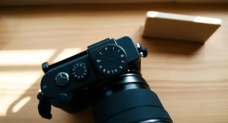 Fotoaparát na statíve s viditeľnými nastaveniami clony, času uzávierky a ISO
