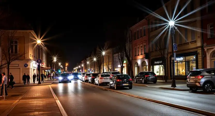 Nočná ulica s perspektívou a vedúcimi líniami v centre mesta
