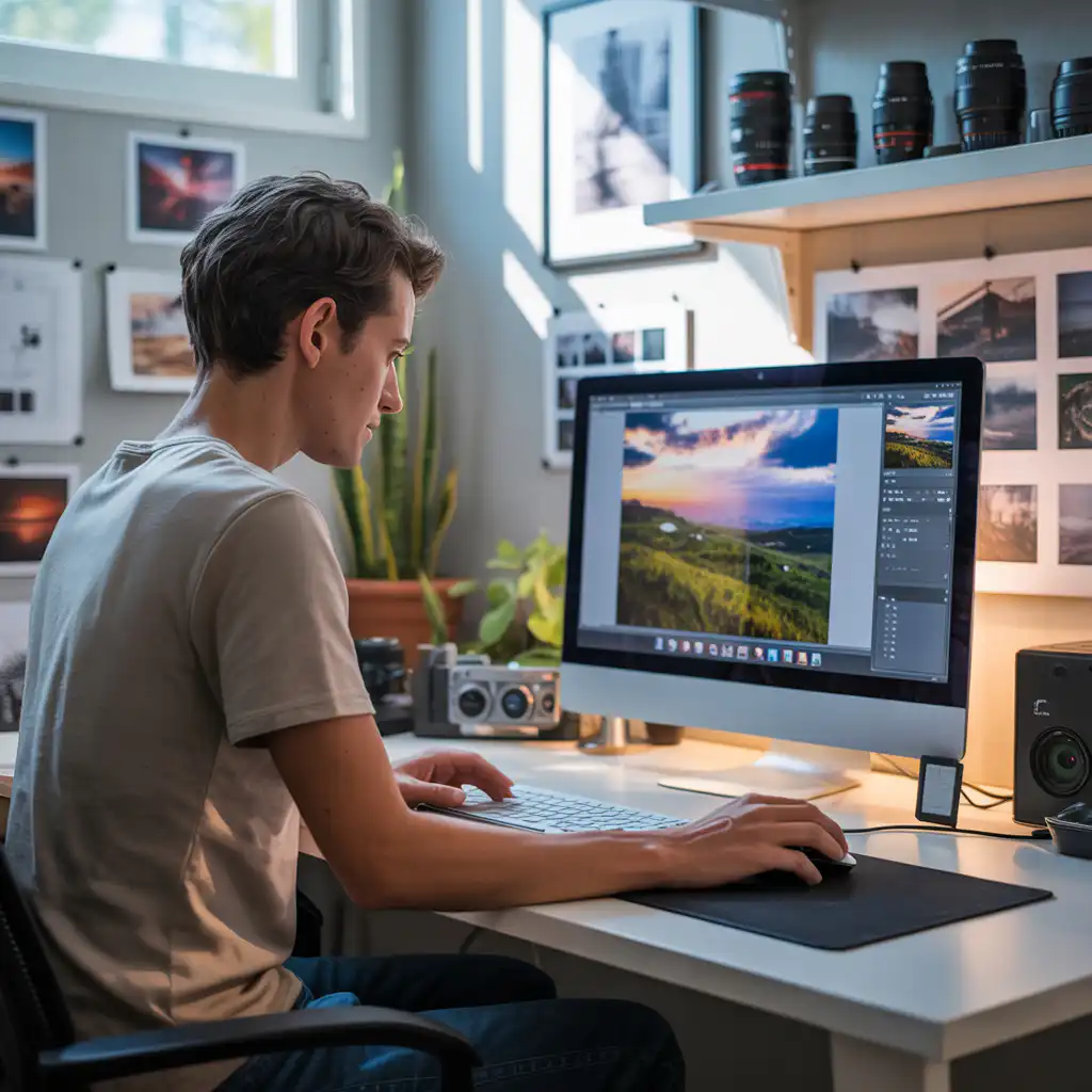 fotograf upravuje fotografiu v lightroom