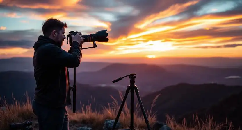 profesionalne fotografovanie krajiny na stative pri zapade slnka