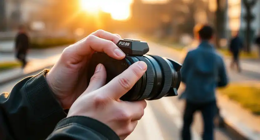 fotograf kontroluje nastavenie clony na fotoaparate pri fotografovani