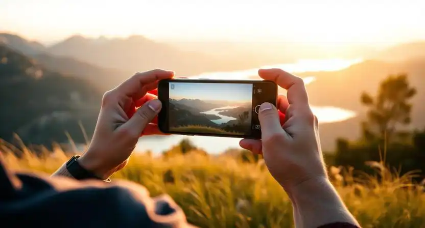 fotograf pouziva mobil na fotografovanie krajiny v prirode