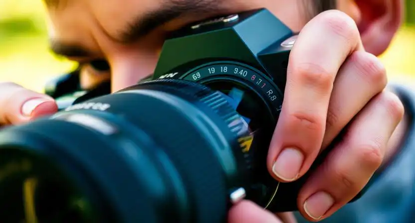 profesionalny fotograf nastavuje clonu na objektive fotoaparatu