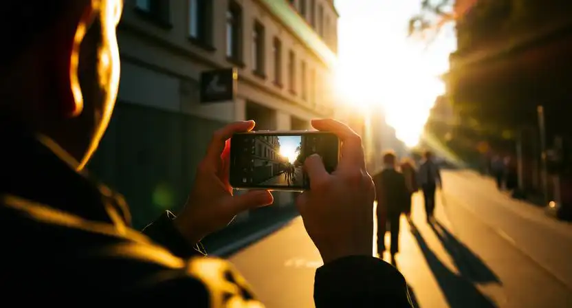 fotografovanie mobilom počas zlatej hodiny v prirodzenom svetle
