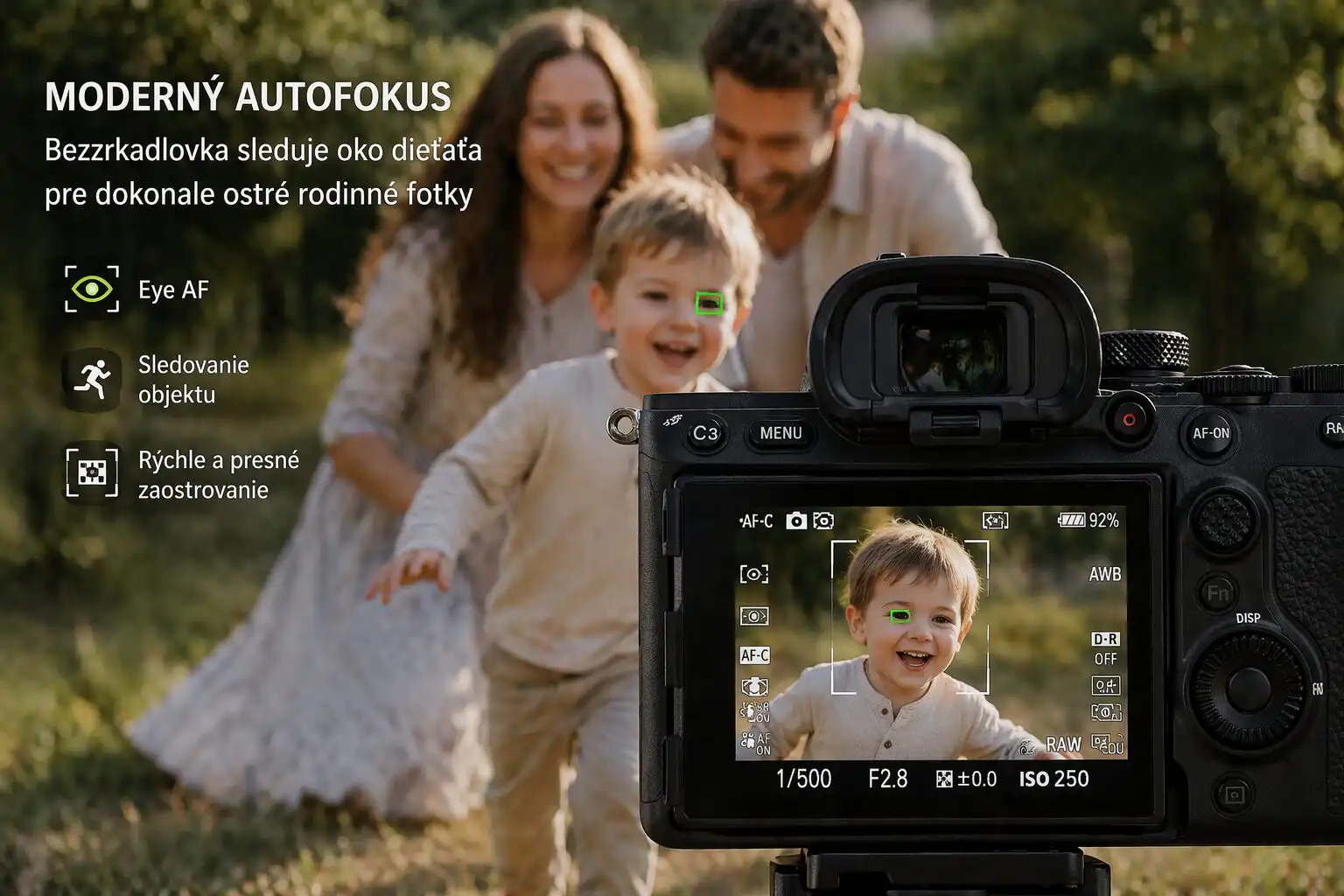 moderný autofocus bezzrkadlovky sleduje oko dieťaťa pri rodinnom fotení