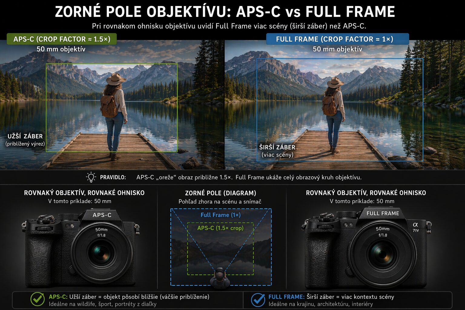porovnanie zorného poľa objektívu na aps-c a full frame pri rovnakom ohnisku