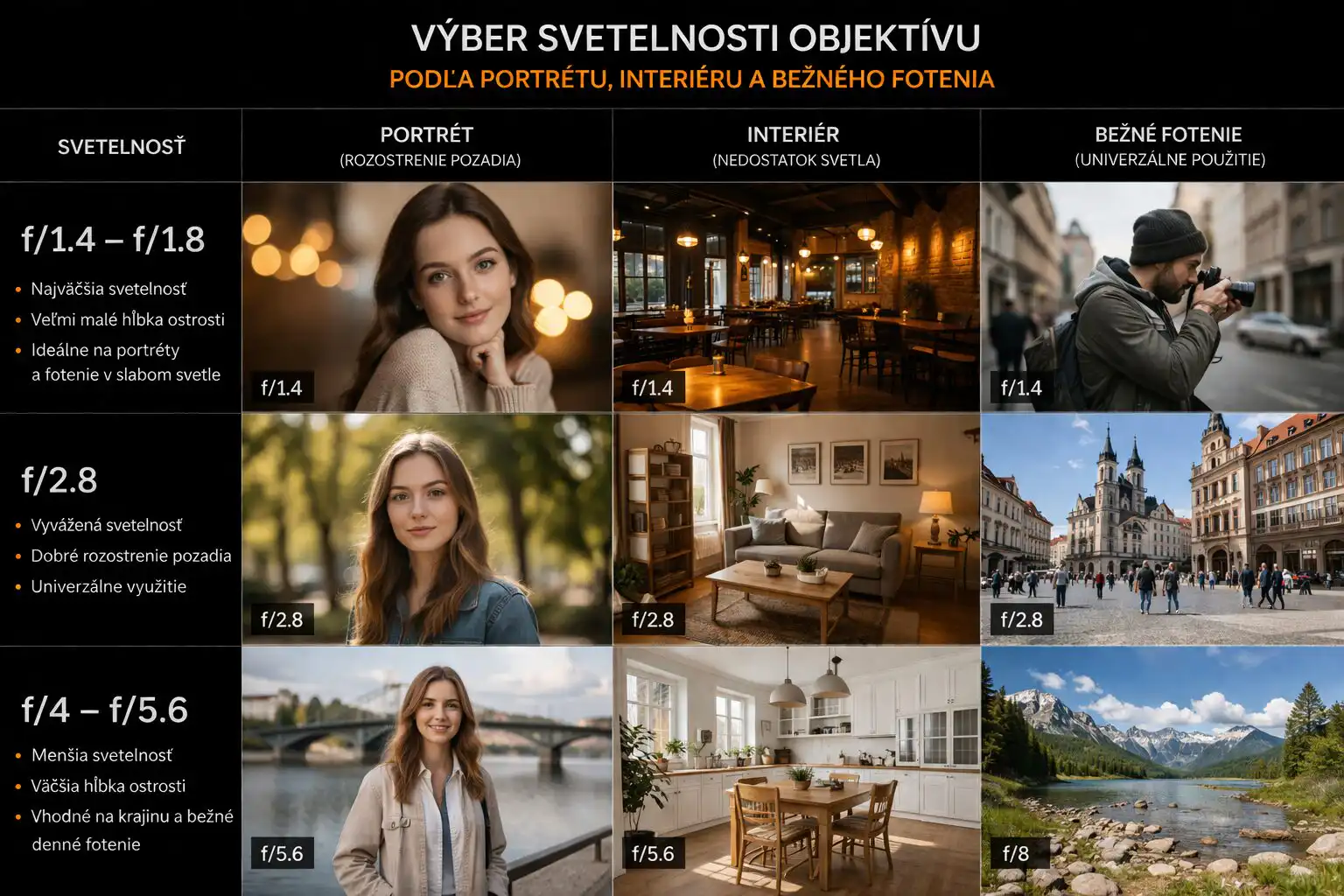 Výber svetelnosti objektívu podľa portrétu interiéru a bežného fotenia