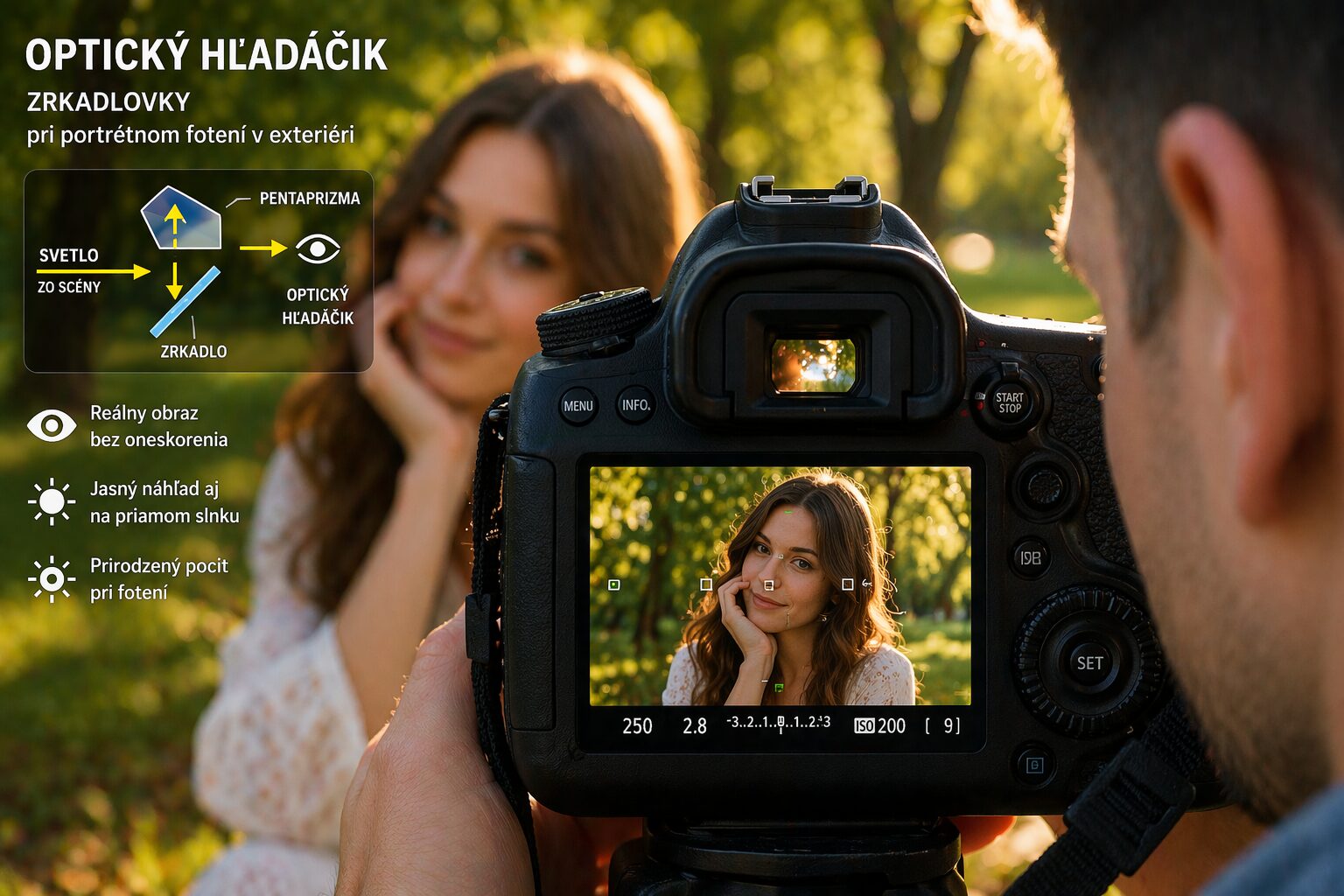 optický hľadáčik zrkadlovky pri portrétnom fotení v exteriéri