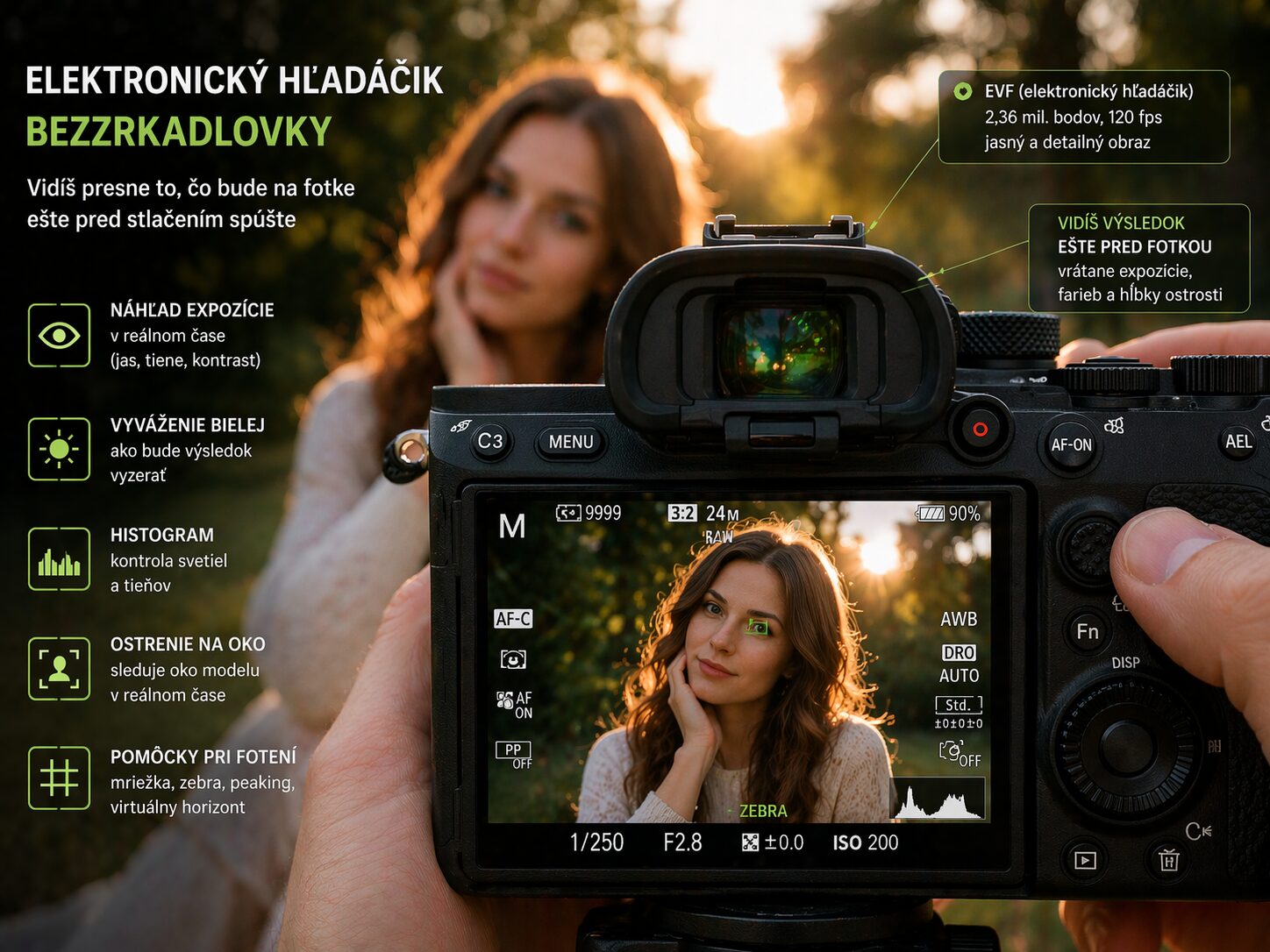 elektronický hľadáčik bezzrkadlovky s náhľadom expozície pri fotení portrétu