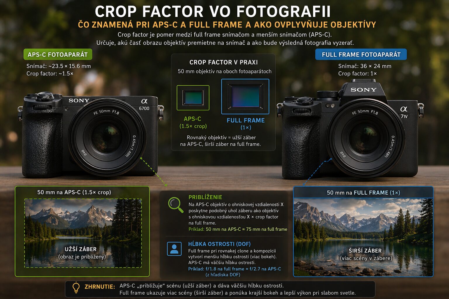 crop factor vo fotografii vysvetlený na porovnaní aps-c a full frame fotoaparátu s objektívom