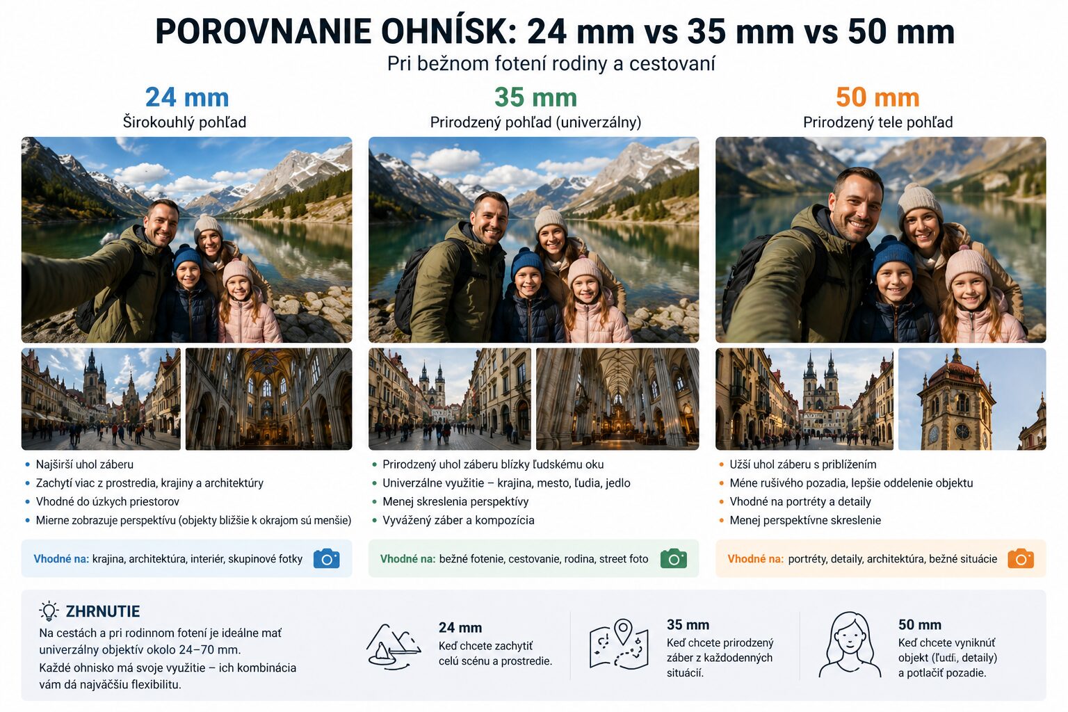 porovnanie ohnísk 24 mm 35 mm a 50 mm pri bežnom fotení rodiny a cestovaní