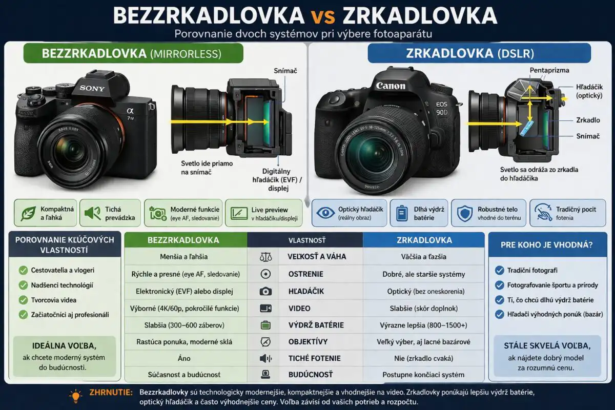 Bezzrkadlovka vs zrkadlovka: čo sa oplatí kúpiť v roku 2026 a pre koho